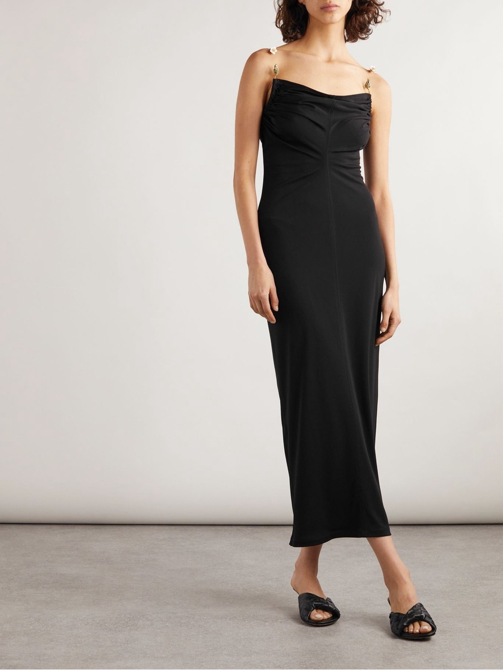 Bottega Veneta Black Maxi Slip Dress with Gold Strap Details